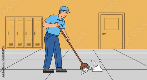 Janitor Sweeping Floor in Hallway with Broom Flat Illustration