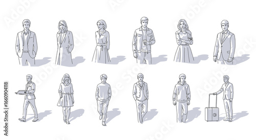 Hand-drawn sketch people figures set. Diverse human silhouettes in line art style with shadows.