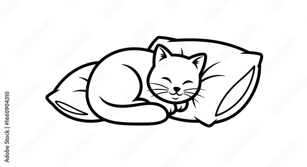 Fototapeta premium Peaceful sleeping cat on pillows. Cozy pet line art illustration
