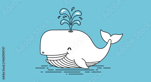 Cute White Whale Spouting Water, Simple Line Art Illustration on Blue Background