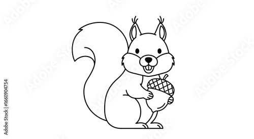 Happy Cartoon Squirrel with Acorn Line Art Illustration