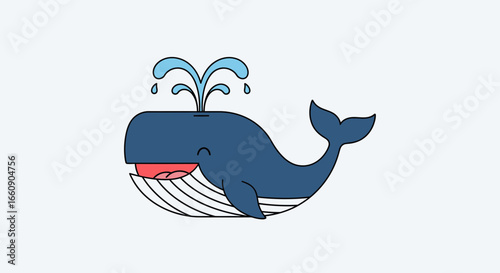 Cute Cartoon Blue Whale Spouting Water - Happy Ocean Animal Vector Illustration