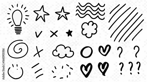 Illustration of hand drawn doodles including a lightbulb stars clouds hearts and question marks in black ink silhouette
