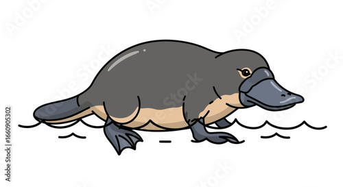 Cute Platypus Cartoon Illustration Swimming in Water. Flat Vector Australian Animal Design.