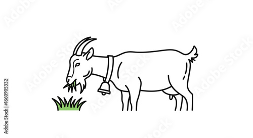 Line Art Goat with Bell Eating Grass Icon. Farm animal illustration for agriculture, nature, or dairy concepts.