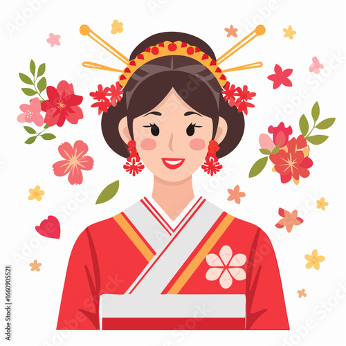 Beautiful young Japanese woman in traditional red kimono with floral decorations.