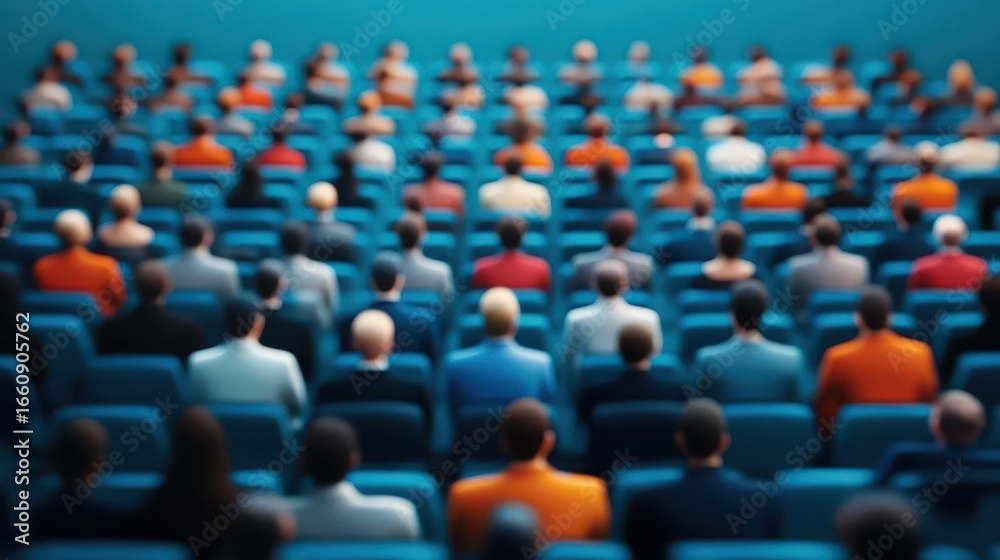 Fototapeta premium Large crowd of diverse people sitting in an torium or conference hall facing forward with focus on the ence
