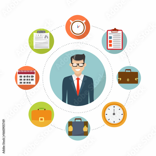 Businessman surrounded by office icons and symbols.