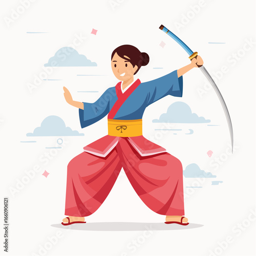 Cartoon martial artist practicing sword fighting stance.