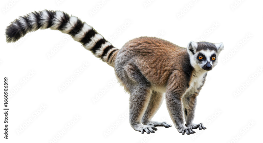 Obraz premium A playful lemur crouching isolated on white background showcasing its vibrant fur and expressive eyes