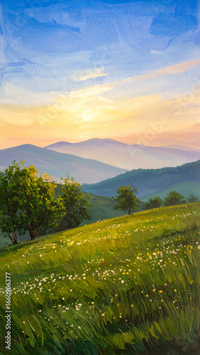 Sunrise Over Green Foothills and Trees