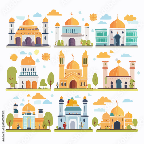 Collection of Mosque Buildings in Various Styles and Designs.