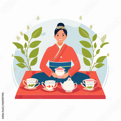 Woman enjoying traditional tea ceremony with tea cups and teapot.