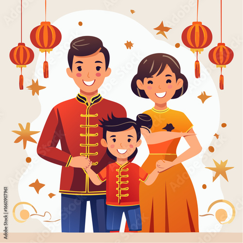 Happy Asian family celebrating Chinese New Year together with traditional clothing and decorations.