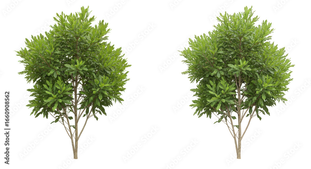 Fototapeta premium Two lush green trees positioned side by side in a serene outdoor environment isolated on white background