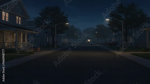 Quiet suburban street at night with illuminated houses and soft streetlights casting shadows