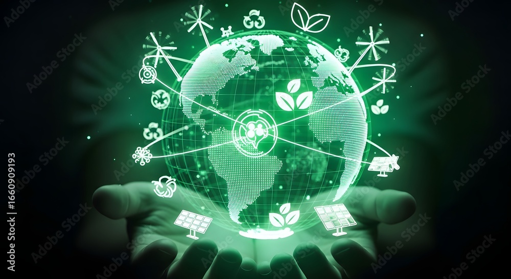 custom made wallpaper toronto digitalDigital Earth with Green Eco Technology Icons and Solar Panels in Hands