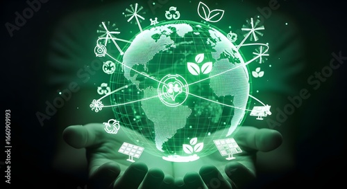 Wallpaper Mural Digital Earth with Green Eco Technology Icons and Solar Panels in Hands Torontodigital.ca