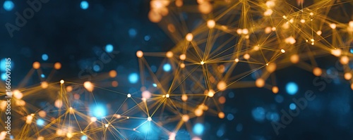 Exploring Abstract Blue Digital Network in a Glowing Virtual Space Graphic Design Environment