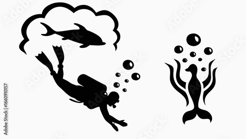 Silhouette illustration of a scuba diver with dolphin and a stylized sea creature with bubbles