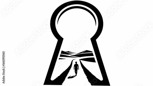 Silhouette of a man walking on a path through a keyhole shaped opening with a landscape view in black and white