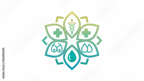 Gradient mandala featuring medical symbols like caduceus, plus signs, eyes and water droplets design silhouette