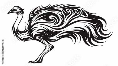 Stylized emu illustration with tribal tattoo design in black and white standing on a white background