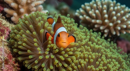 Vibrant clownfish nestled within its sea anemone home amidst colorful reef, underwater and serene