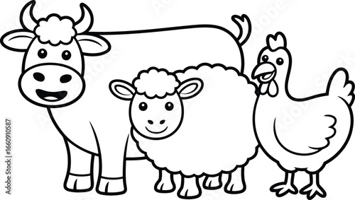 Cute cartoon farm animals cow sheep and chicken together