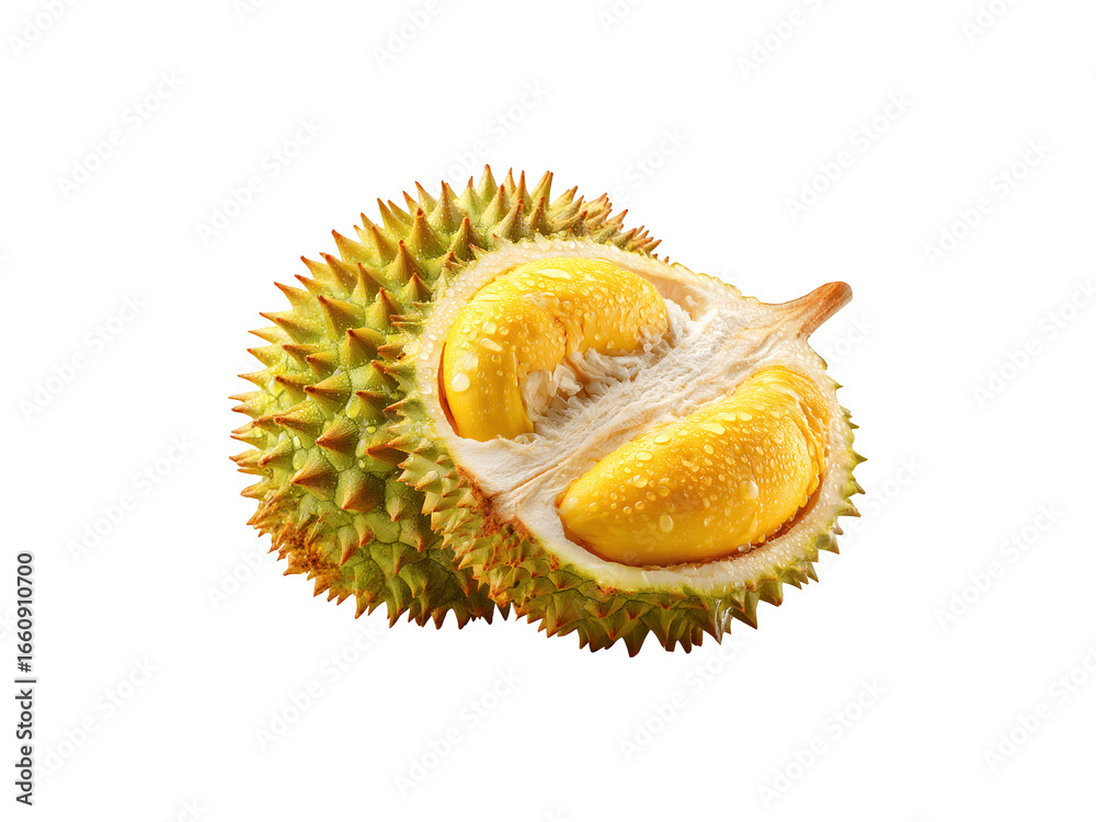 Fototapeta premium Half-sliced durian fruit with visible water droplets on its surface