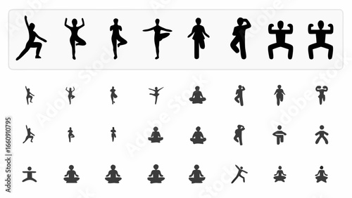 Collection of silhouette figures in various poses including yoga meditation dance and exercise routines displayed