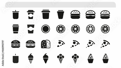 Black and white vector icons of food and drinks including burgers pizza ice cream and coffee cups arranged neatly silhouette