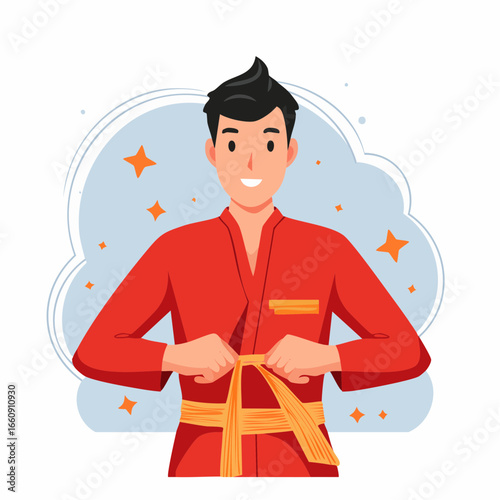 A smiling cartoon man wearing a red martial arts uniform and yellow belt.