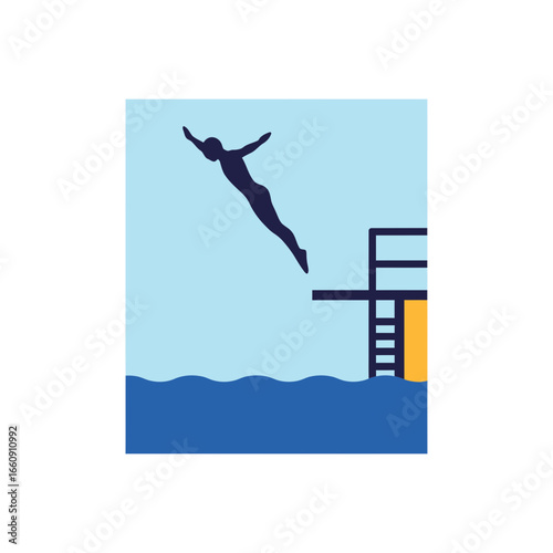 Diver jumping from diving board into water.