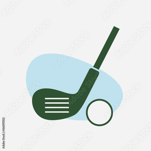 Golf club and ball illustration on a light background.
