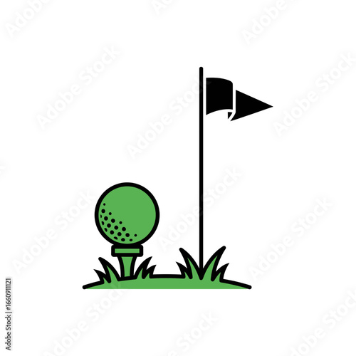 Golf ball on tee with flag on green grass.