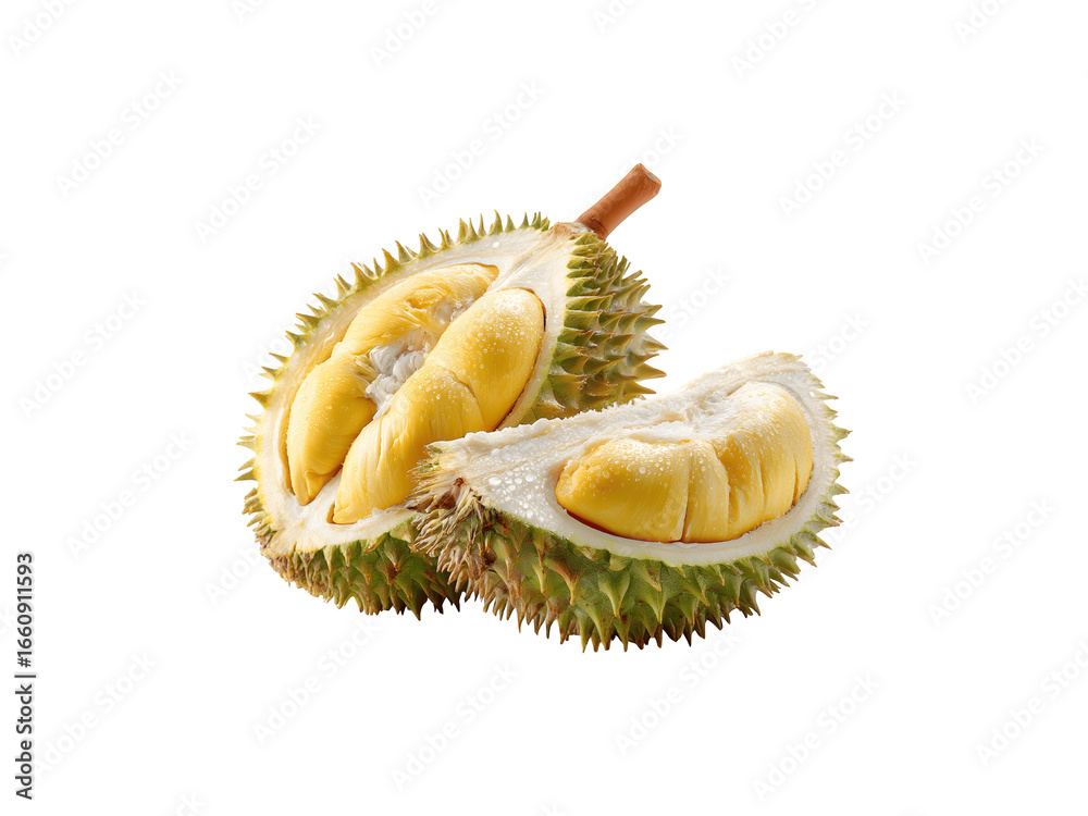 Fototapeta premium Half-sliced durian fruit with visible water droplets on its surface