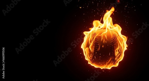 Baseball on fire burning hot sport equipment flaming ball isolated on black background extreme power strike
