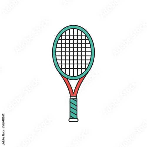A tennis racket with a green head and red handle.