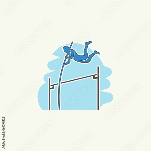 Athlete pole vaults over a bar against a blue sky.