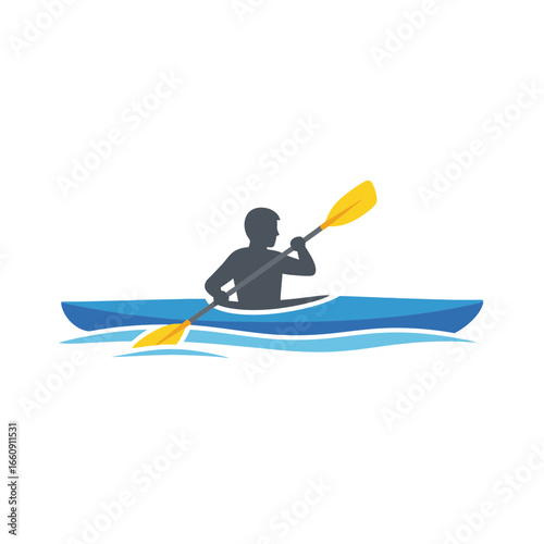 Person paddling a blue kayak on water with a yellow paddle.