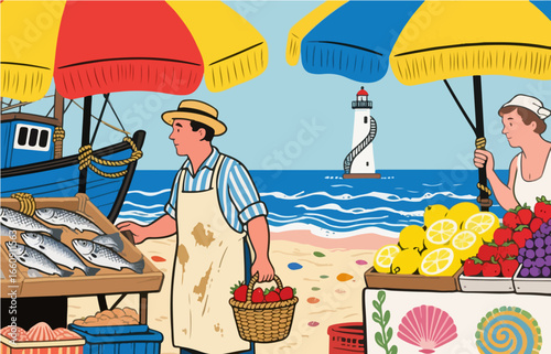 A vendor selling fish and fruits by the seaside, vector image