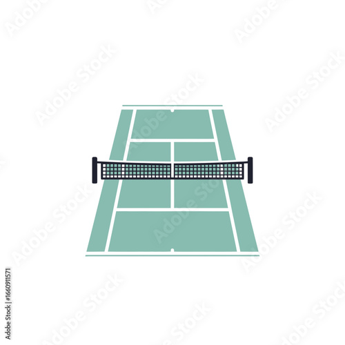 Tennis court with net viewed from above.