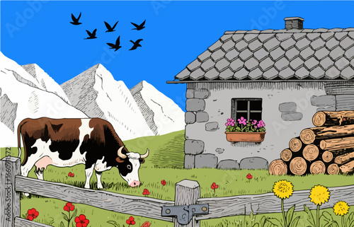 Graphic illustration style, landscape image, vector image