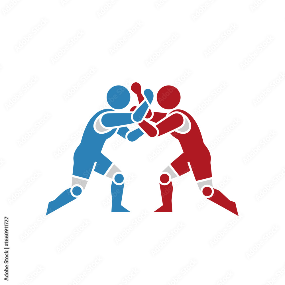 Obraz premium Two stylized figures in a wrestling match on a white background.