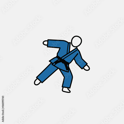 A stylized figure in a blue gi performs a martial arts move.