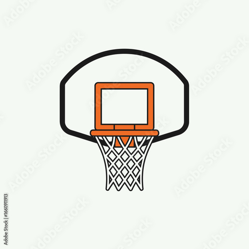 Basketball hoop and net against a light background.