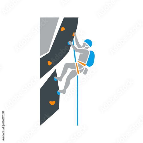 Person climbing an artificial rock wall with safety rope.