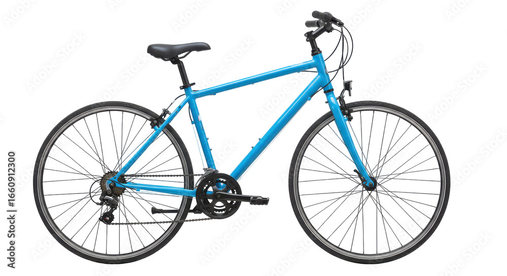 Obraz premium A vibrant blue bicycle isolated on white background with details suggesting a sunny street and trees