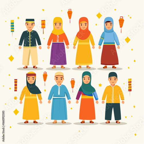 Muslim Family in Traditional Clothes for Celebration